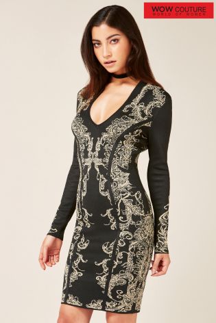 Wow Couture V neck 2 Tone Jacquard Dress